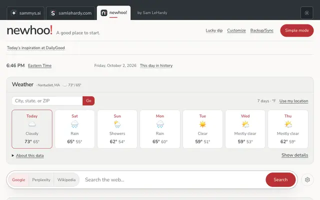 The Newhoo! home page — a daily quote, the seven-day forecast and the search box